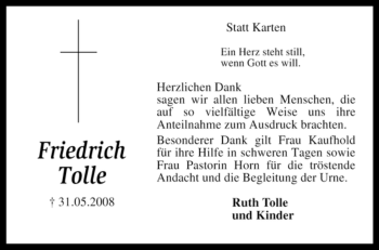 Todesanzeige von Friedrich Tolle von KREISZEITUNG SYKE