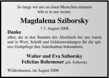 Todesanzeige von Magdalena Sziborsky von KREISZEITUNG SYKE