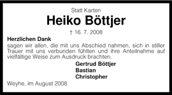 Todesanzeige von Heiko Böttjer von KREISZEITUNG SYKE