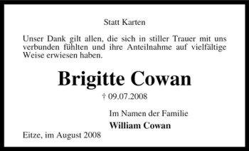 Todesanzeige von Brigitte Cowan von KREISZEITUNG SYKE
