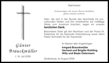 Todesanzeige von Günter Brauckmüller von KREISZEITUNG SYKE