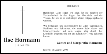 Todesanzeige von Ilse Hormann von KREISZEITUNG SYKE
