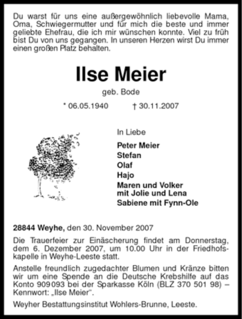 Todesanzeige von Ilse Meier von KREISZEITUNG SYKE