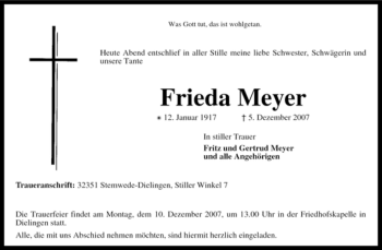 Todesanzeige von Frieda Meyer von KREISZEITUNG SYKE