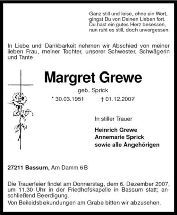 Todesanzeige von Margret Grewe von KREISZEITUNG SYKE