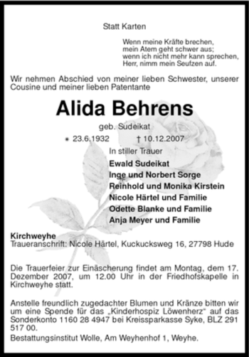 Todesanzeige von Alida Behrens von KREISZEITUNG SYKE