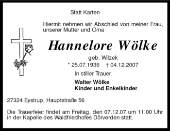 Todesanzeige von Hannelore Wölke von KREISZEITUNG SYKE