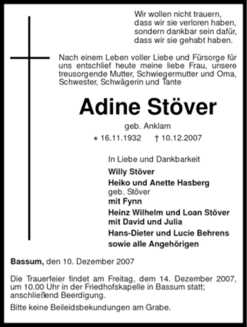 Todesanzeige von Adine Stöver von KREISZEITUNG SYKE