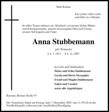 Todesanzeige von Anna Stubbemann von KREISZEITUNG SYKE