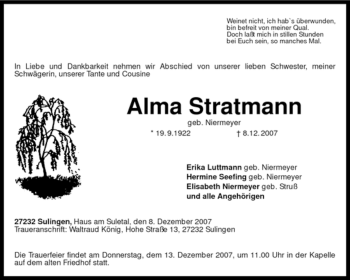 Todesanzeige von Alma Stratmann von KREISZEITUNG SYKE