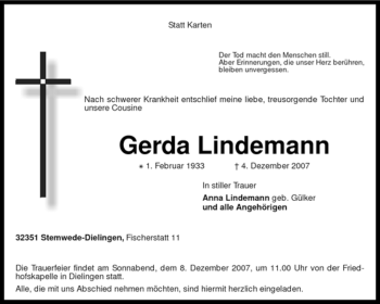 Todesanzeige von Gerda Lindemann von KREISZEITUNG SYKE