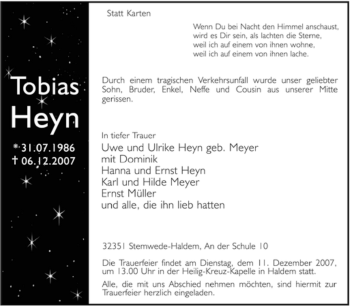 Todesanzeige von Tobias Heyn von KREISZEITUNG SYKE