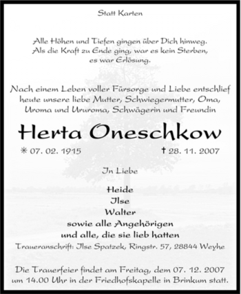 Todesanzeige von Herta Oneschkow von KREISZEITUNG SYKE