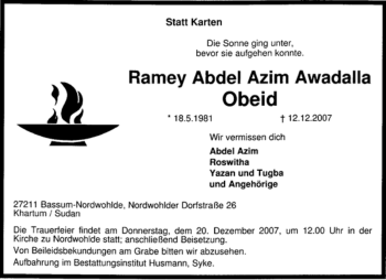 Todesanzeige von Ramey Abdel Azim Awadalla Obeid von KREISZEITUNG SYKE