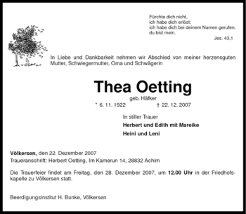 Todesanzeige von Thea Oetting von KREISZEITUNG SYKE