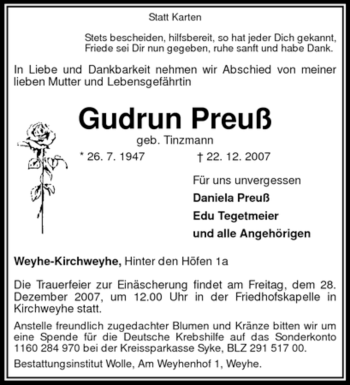 Todesanzeige von Gudrun Preuß von KREISZEITUNG SYKE