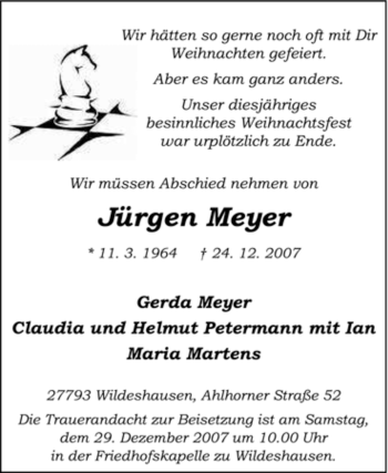 Todesanzeige von Jürgen Meyer von KREISZEITUNG SYKE