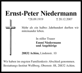 Todesanzeige von Ernst-Peter Niedermann von KREISZEITUNG SYKE