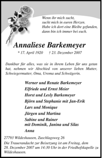 Todesanzeige von Anneliese Barkemeyer von KREISZEITUNG SYKE