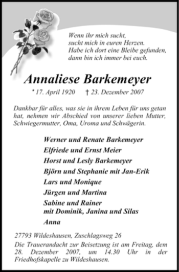 Todesanzeige von Annaliese Barkemeyer 