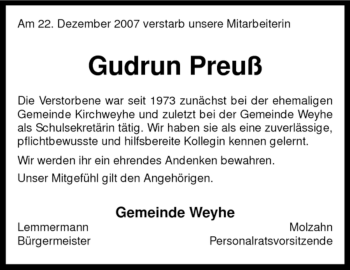 Todesanzeige von Gudrun Preuß von KREISZEITUNG SYKE
