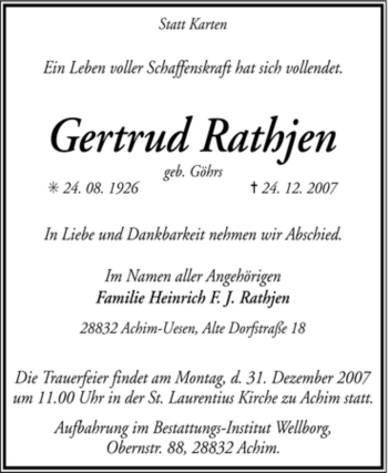 Todesanzeige von Gertrud Rathjen von KREISZEITUNG SYKE