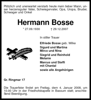 Todesanzeige von Hermann Bosse von KREISZEITUNG SYKE