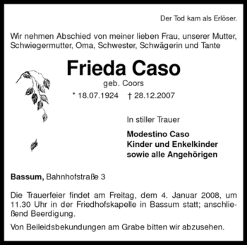 Todesanzeige von Frieda Caso von KREISZEITUNG SYKE