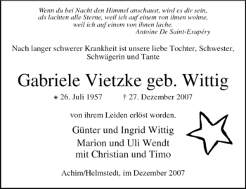 Todesanzeige von Gabriele Vietzke von KREISZEITUNG SYKE