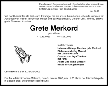 Todesanzeige von Grete Merkord von KREISZEITUNG SYKE