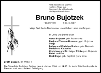 Todesanzeige von Bruno Bujotzek von KREISZEITUNG SYKE