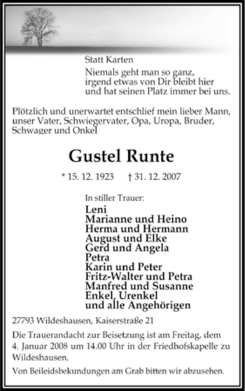 Todesanzeige von Gustel Runte von KREISZEITUNG SYKE