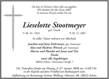 Todesanzeige von Lieselotte Stootmeyer von KREISZEITUNG SYKE