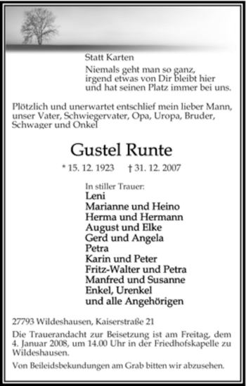 Todesanzeige von Gustel Runte 