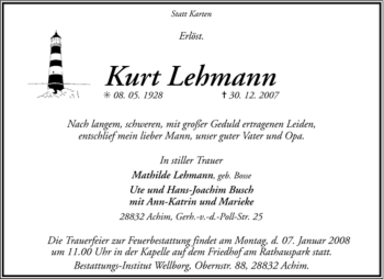 Todesanzeige von Kurt Lehmann von KREISZEITUNG SYKE
