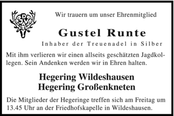 Todesanzeige von Gustel Runte von KREISZEITUNG SYKE