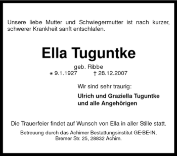 Todesanzeige von Ella Tuguntke von KREISZEITUNG SYKE
