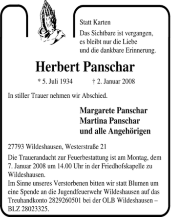 Todesanzeige von Herbert Panschar von KREISZEITUNG SYKE