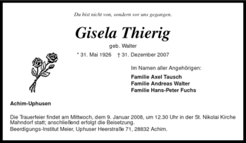 Todesanzeige von Gisela Thierig von KREISZEITUNG SYKE
