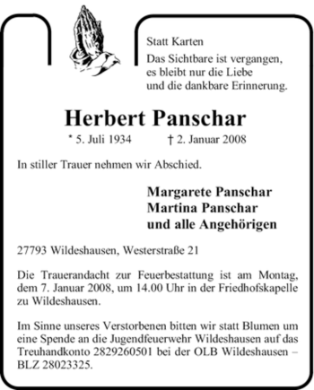 Todesanzeige von Herbert Panschar 