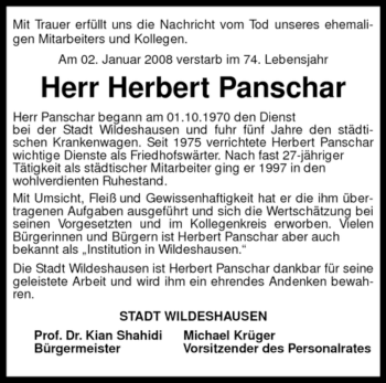 Todesanzeige von Herbert Panschar von KREISZEITUNG SYKE
