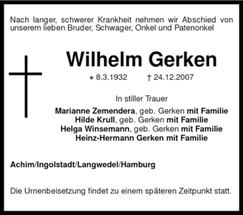 Todesanzeige von Wilhelm Gerken von KREISZEITUNG SYKE