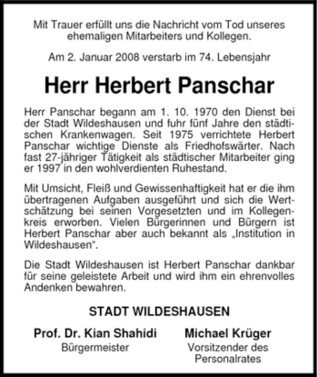 Todesanzeige von Herbert Panschar 