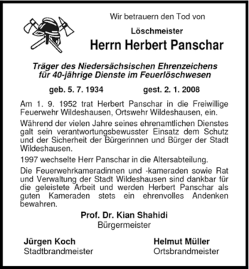 Todesanzeige von Herbert Panschar 