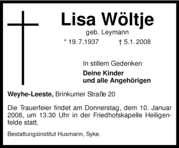 Todesanzeige von Lisa Wöltje von KREISZEITUNG SYKE