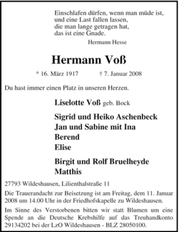 Todesanzeige von Hermann Voß 