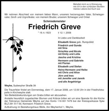 Todesanzeige von Friedrich Greve von KREISZEITUNG SYKE