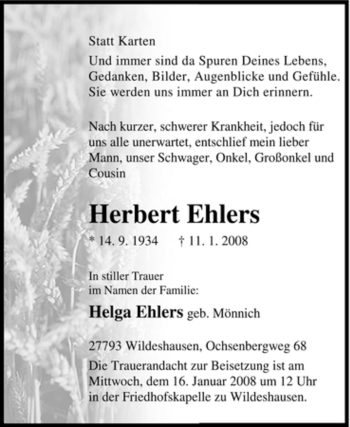 Todesanzeige von Herbert Ehlers von KREISZEITUNG SYKE