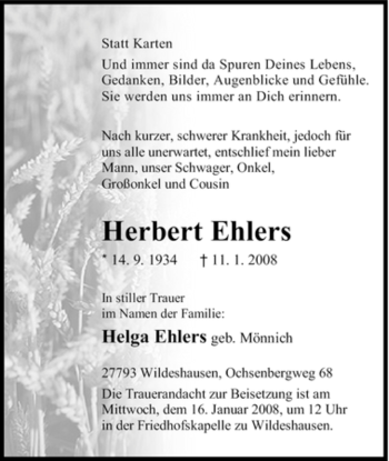 Todesanzeige von Herbert Ehlers 