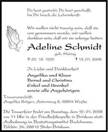 Todesanzeige von Adeline Schmidt von KREISZEITUNG SYKE